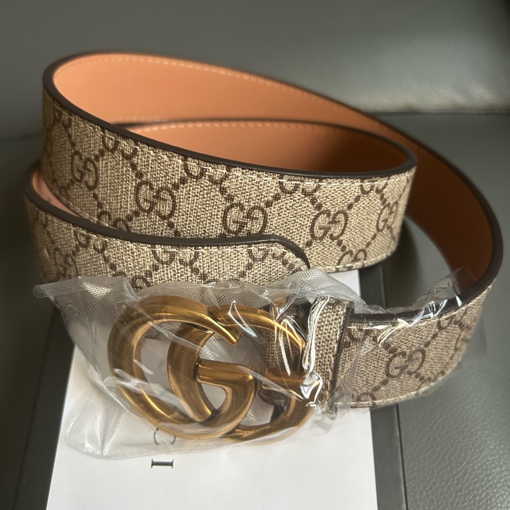 Gucci Tan and Gold GG Monogram Belt
